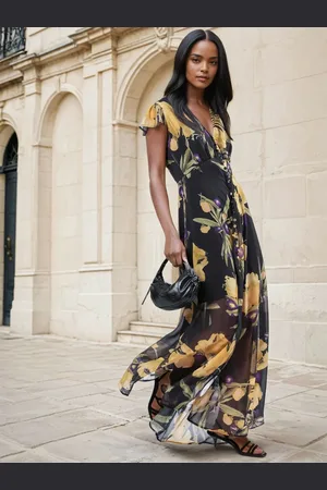 Religion Indium Maxi Dress With Button Thru Detail And Cap Sleeves AU 8