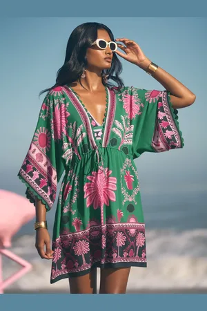 Love & Roses Green Petite Viscose Tropical Kaftan L