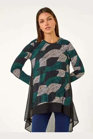 Roman Blue Leaf Print Chiffon Dipped Hem Top AU 14