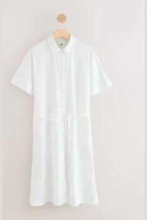 Next Short Sleeve Tie Waist Midi Dress with Linen XS Reg