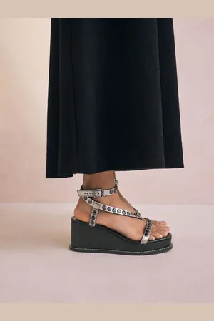 Next Pewter Forever Comfort Leather Square Toe Hardware Detail Strappy Wedges AU 10 (EU 42)