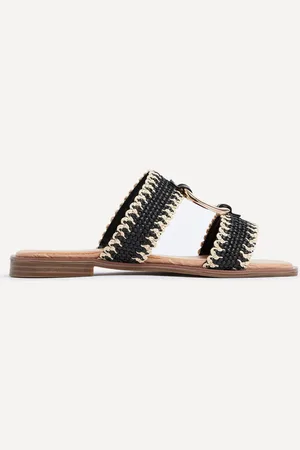 Linzi Black JoJo Flat Sandals With Raffia Straps And Large Buckle Detail AU 5 (EU 36)