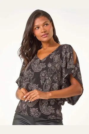 Roman Pink Glitter Print Banded Hem Stretch Top AU 16