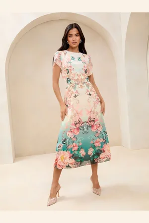 Lipsy London Petite Ombre Floral Tulip Sleeve Fit And Flare Midi Dress AU 18