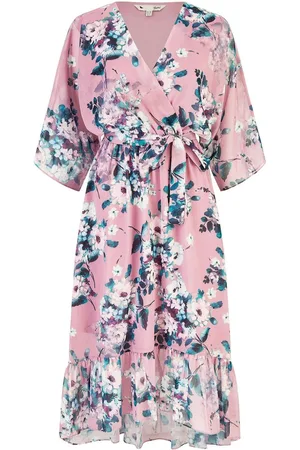 Yumi Floral Kimono Sleeves Dip Hem Wrap Midi Dress AU 10