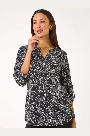 Roman Black Linear Leaf Print Blouses AU 12