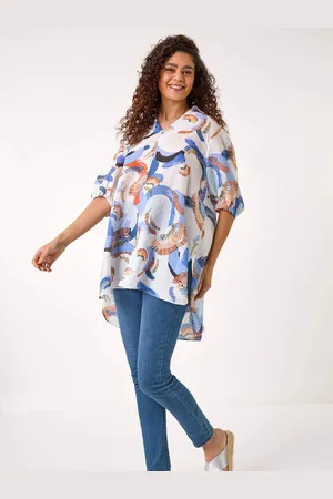 Roman Blue Floral Print Longline Blouses AU 16