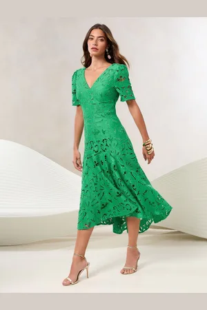 Lipsy London Premium Broderie Lace Short Sleeve V-Neck High Low Midi Dress AU 14