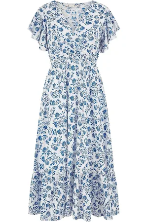Yumi Floral Printed Broderie Anglaise Ruched Waist Midi 100% Cotton Dress AU 22