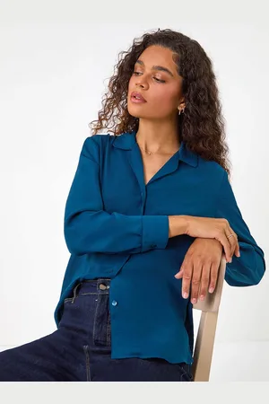 Roman Blue Plain V-Neck Collar Button Detail Blouse 18