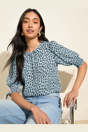 Friends Like These Blue Print Short Sleeve Shirred Cuff Blouse 16