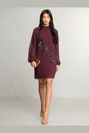 Lipsy London Long Sleeve Hand Embellished Artwork Mini Shift Dress AU 16