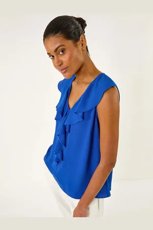 Roman Blue Ruffle V-Neck Vest Blouse AU 16