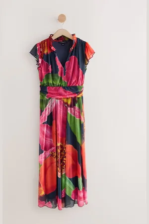 Next Kew Collection Pleated Mesh Print V-Neck Occasion Midi Dress 18tall