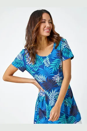 Roman Blue Palm Print Pocket Tunic Stretch Top AU 18