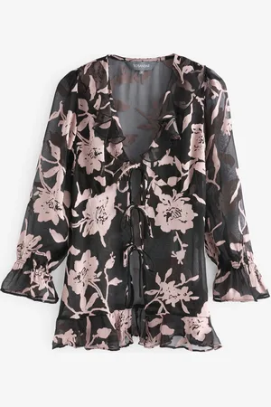 Sosandar Black Floral Print Ruffle Front Longline Blouse AU 14