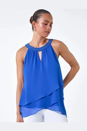 Roman Blue Sparkle Embellished Halter Neck Top AU 16