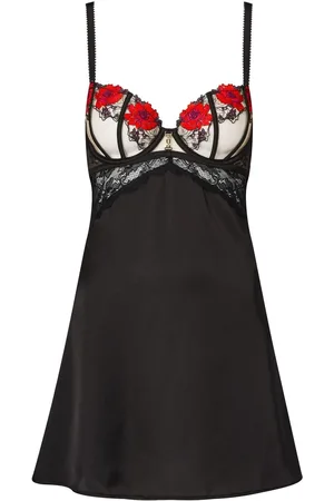 Ann Summers Black Caged Rose Floral Print Embroidery Chemise Slip Nightie L