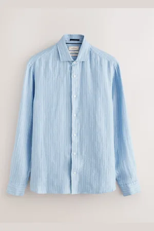 Next Regular Fit Stripe 100% Linen Basket Weave Long Sleeve Smart Shirt with Cutaway Collar xsmall