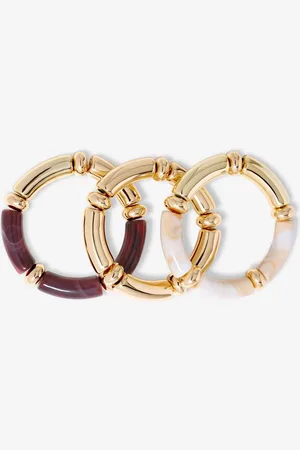 Moodstreet Gold Tone Cream And Plum Resin Stacker Stretch Bracelets 3 Pack One