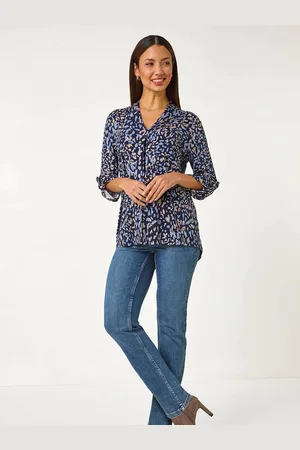 Roman Blue Abstract Print V-Neck Stretch Top AU 12