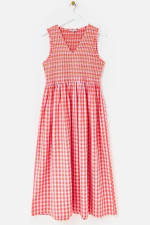 Oliver Bonas Gingham Shirred Bodice V-Neck 100% Cotton Midi Dress 16