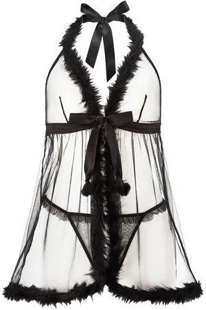 Ann Summers Black Desires At Dusk Faux Fur Trim Sheer Crotchless Babydoll Set M