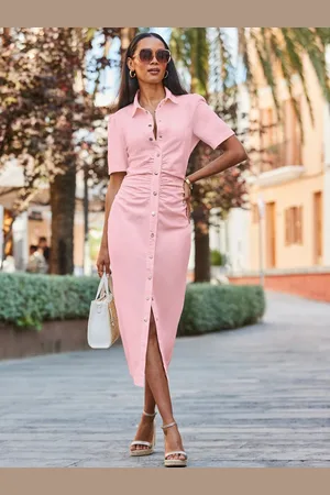 Sosandar Ruched Waist Popper Front Denim Dress AU 20