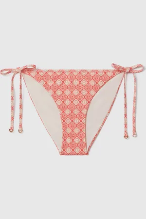 Reiss Cream/Coral Kallie Printed Side Tie Bikini Bottoms 8