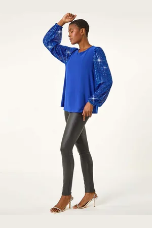 Roman Blue Sequin Sleeve Stretch Top AU 20