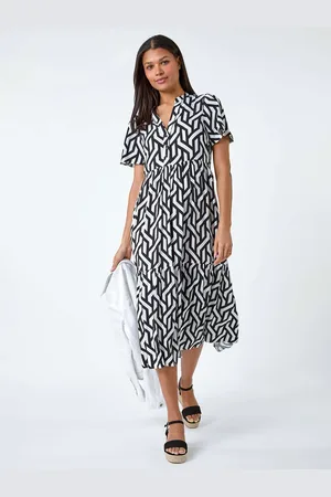 Roman Geometric Print Tiered Midi Dress AU 16