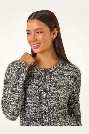 Roman Black Fluffy Knit Button Cardigan AU 14