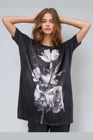 Religion Black Cloak Tunic Dress With Large Floral Placement Print AU 10