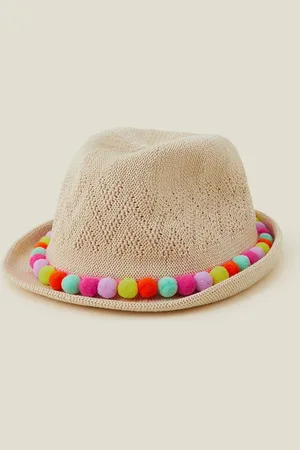 Accessorize Natural Girls Pom Pom Packable Trilby Hat 3