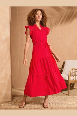 Love & Roses Flutter Sleeve Tired 100% Cotton Midi Dress 20