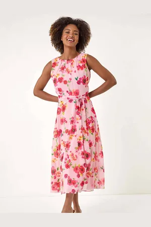 Roman Floral Print Pleated Chiffon Midi Dress 16
