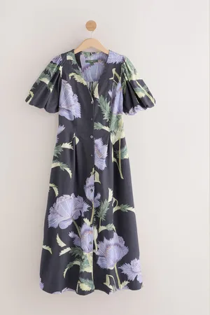 Next Button Down Puff Sleeve Midi Dress with Linen 6petite