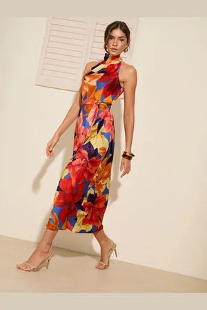 Friends Like These Print Tie Halter Neck Satin Midi Dress 16