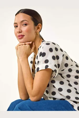 Roman White Spotted Pleat Front V-Neck Blouses 16