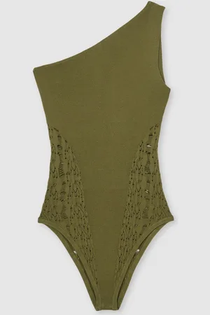 Reiss Green Rosa Lace-Knit Detail One-Shoulder Bodysuit small