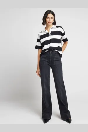 River Island Black High Waisted Pocket Front Wide Leg Jeans AU 12 R