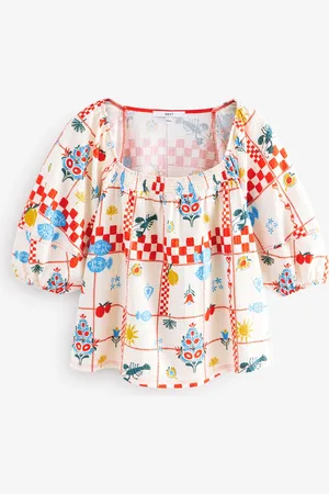 Next Ecru Tablecloth Print Volume Half Sleeve Jersey 100% Cotton Blouse AU 8
