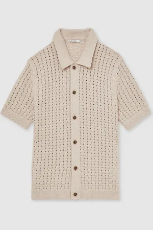 Reiss Toby Basketweave-Knit Button-Through Cotton-Blend Shirt xlarge