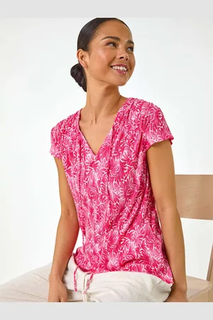 Roman Pink Petite Abstract Print Crinkle V-Neck Top AU 12