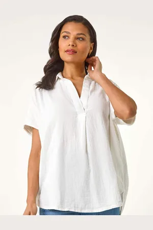 Roman White Collared V-Neck Pleated 100% Cotton Blouse 14