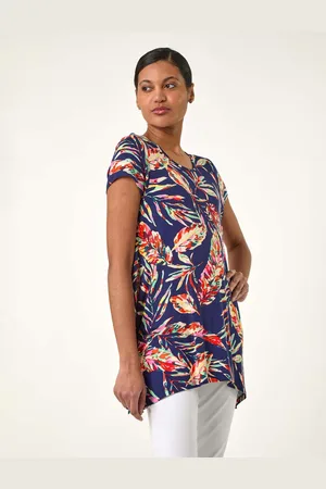 Roman Denim Blue Leaf Print Hanky Hem Tunic Top AU 20