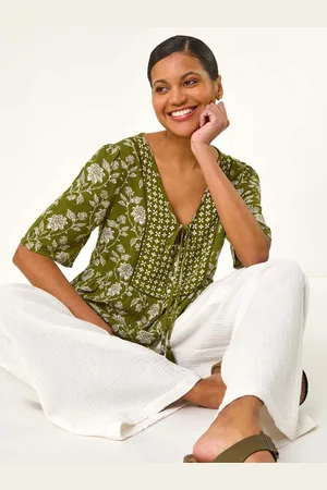 Roman Green Floral Print Tassel Tunic Top AU 12