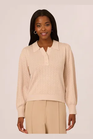 Adrianna Papell Pink Long Sleeve Pointelle Sweater With A Polo Collar XS