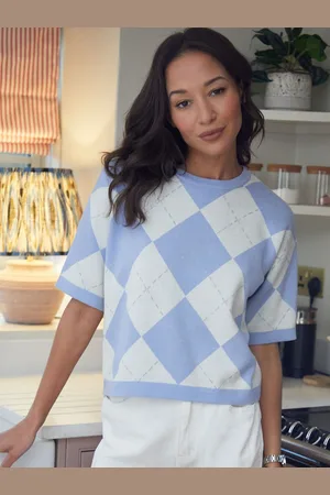 Threadbare Blue 100% Cotton Argyle Short Sleeve Knitted T-Shirt AU 8
