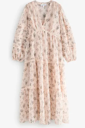Next Long Sleeve V-Neck Tiered Sheer Lace Boho Midi Dress AU 16
